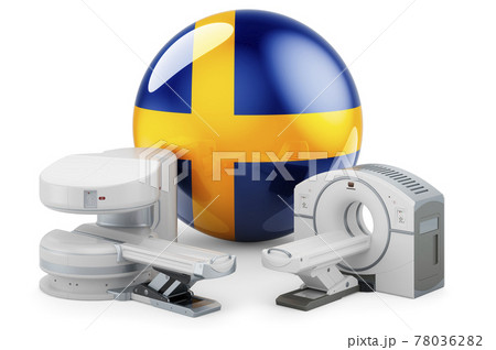 MRI and CT Diagnostic, Research Centres in Sweden. MRI machine and CT scanner with Swedish flag, 3D rendering 78036282