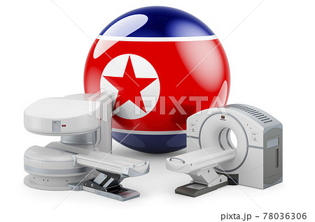MRI and CT Diagnostic, Research Centres in North Korea. MRI machine and CT scanner with North Korean flag, 3D rendering 78036306