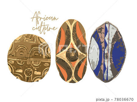 Collection of african woodenn military shields isolated on white background. Collection of african woodenn military shields isolated on white background. 78036670