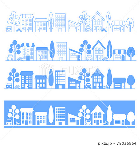 街並みのシルエットイラストセット 夏 青のイラスト素材