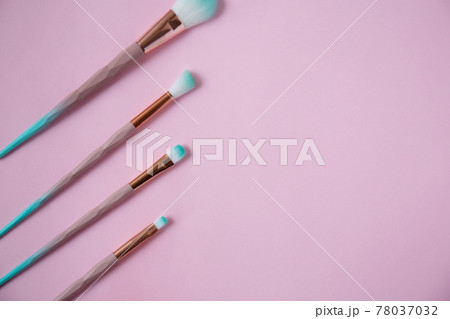 Set of make up brushes isolated on pink. Flat lay. Set of make up brushes isolated on pink. Flat lay. 78037032