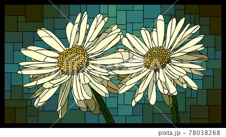 Vector horizontal stained glass window with blooming daisies. Vector horizontal stained glass window with blooming daisies. 78038268