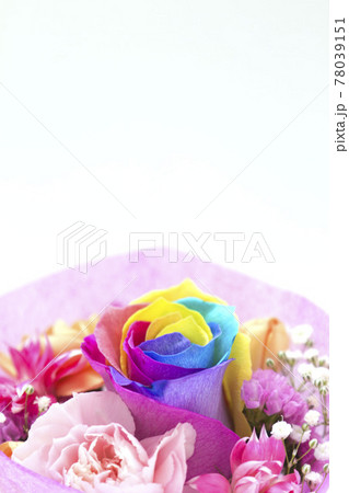 1輪のレインボーローズの花束の写真素材