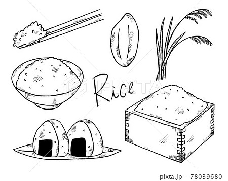 米やご飯の白黒手書きイラストイメージのイラスト素材
