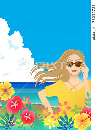 夏の海と南国植物とサングラスを着用した女性のポスターのイラスト素材