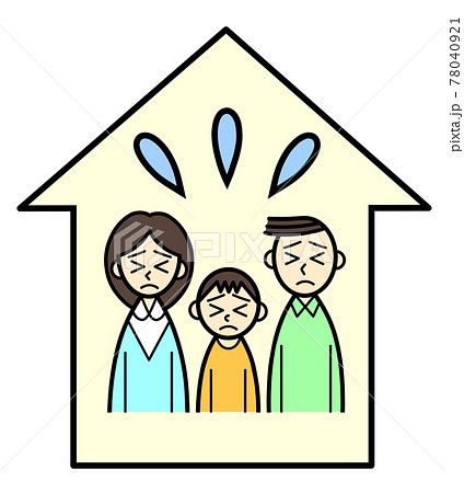 家の中で困った顔の親子3人のイラスト素材
