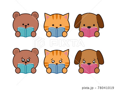 読書をして感動する動物 クマ ネコ イヌのイラストのイラスト素材