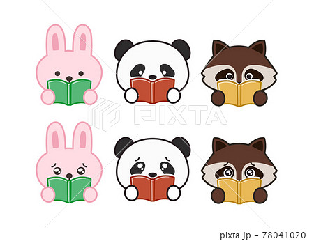 読書をして感動する動物 ウサギ パンダ アライグマのイラストのイラスト素材