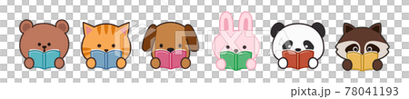 本を読む動物イラスト、クマ、ネコ、イヌ、ウサギ、パンダ、アライグマ 78041193