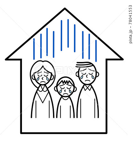 家の中で泣き顔の親子3人のイラスト素材