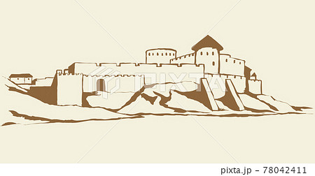 Ancient city on rock. Vector drawing 78042411