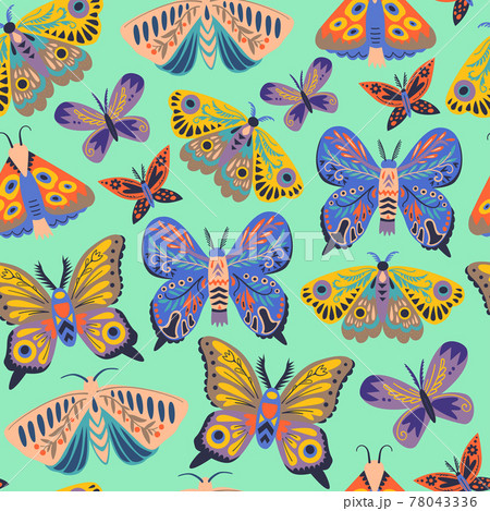Cute seamless pattern with butterflies and moths. Doodle insect in minimalistic style. Hand drawn illustration. Cute seamless pattern with butterflies and moths. Doodle insect in minimalistic style. Hand drawn illustration. 78043336
