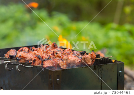Pork kebab is cooked on skewers. Summer, picnic. 78044462