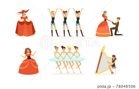 People Characters Acting in Play and Dancing on Stage of Classic Theater Vector Illustration Set 78046506