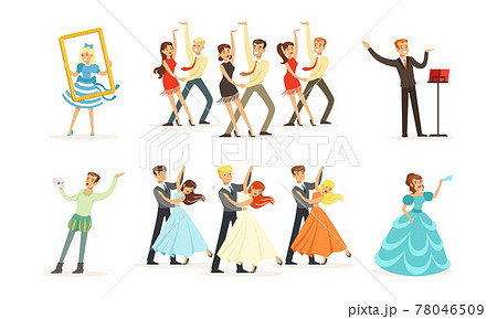 People Characters Acting in Play and Dancing on Stage of Classic Theater Vector Illustration Set People Characters Acting in Play and Dancing on Stage of Classic Theater Vector Illustration Set 78046509