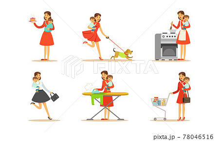 Energetic Female Housewife Holding Baby in Arms Cooking, Ironing and Shopping Vector Set Energetic Female Housewife Holding Baby in Arms Cooking, Ironing and Shopping Vector Set 78046516