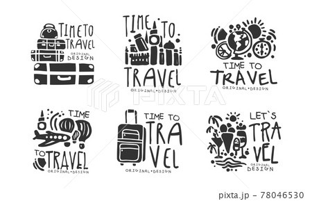 Time to Travel Original Design with Packed Suitcase Vector Set 78046530