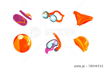 Swimming Equipment with Goggles, Bathing Cap and Snorkeling Mask Vector Set 78046532