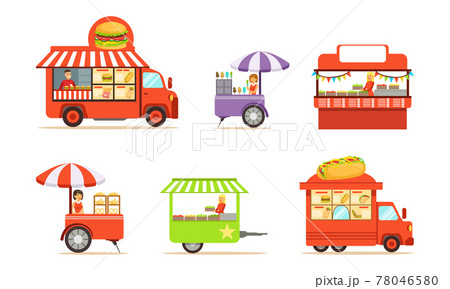 Street Cart and Booth with Man and Woman at Market Stall Selling Snacks and Drinks Vector Set Street Cart and Booth with Man and Woman at Market Stall Selling Snacks and Drinks Vector Set 78046580