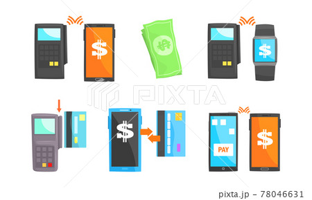 Mobile and Credit Card Payment or Money Transfer via Mobile Device Vector Set 78046631