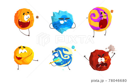 Comic Humanized Planets with Arms and Face with Different Emotions Vector Set 78046680