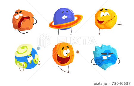 Comic Humanized Planets with Arms and Face with Different Emotions Vector Set 78046687