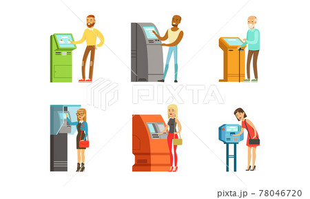 People Characters Using Electronic Self Service Terminal Performing Payment and Receive Money Vector Illustration Set People Characters Using Electronic Self Service Terminal Performing Payment and Receive Money Vector Illustration Set 78046720