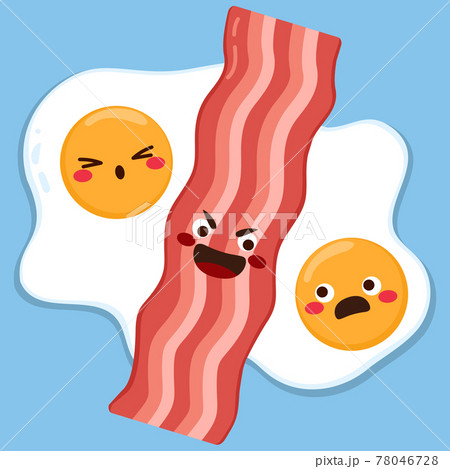 Cute couple of eggs with sad expression and bacon slice in the middle separating them 78046728