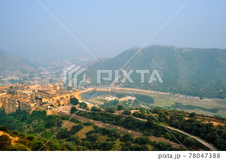 View of Amer Amber fort and Maota lake, Rajasthan, India 78047388
