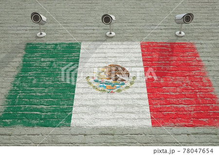 CCTV cameras and wall with printed flag of Mexico. National surveillance system conceptual 3D rendering 78047654
