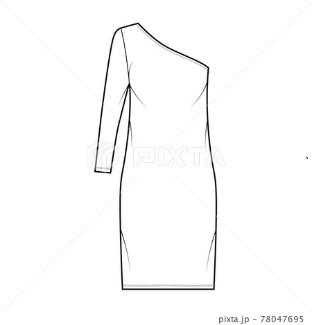 Dress one shoulder technical fashion illustration with long sleeve, oversized body, knee length pencil skirt apparel Dress one shoulder technical fashion illustration with long sleeve, oversized body, knee length pencil skirt apparel 78047695