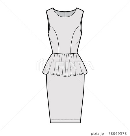 Dress peplum technical fashion illustration with sleeveless, fitted body, knee length sheath skirt, round neck. Flat  78049578