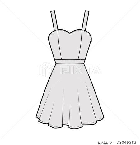 Dress strap technical fashion illustration fitted body, above-the-knee mini length circular skirt, natural waistline Dress strap technical fashion illustration fitted body, above-the-knee mini length circular skirt, natural waistline 78049583