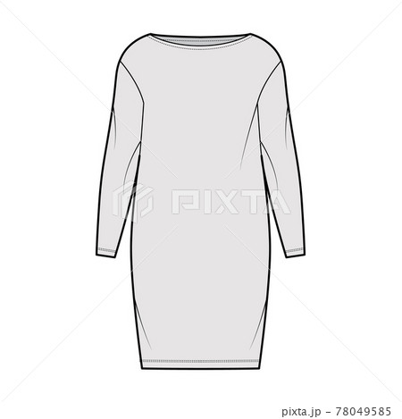 Dress sack slouchy technical fashion illustration with long sleeves, oversized body, knee length pencil skirt. Flat Dress sack slouchy technical fashion illustration with long sleeves, oversized body, knee length pencil skirt. Flat 78049585