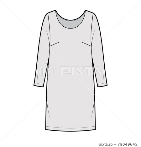 Dress shift chemise technical fashion illustration with long sleeves, oversized body, knee length pencil skirt apparel 78049645