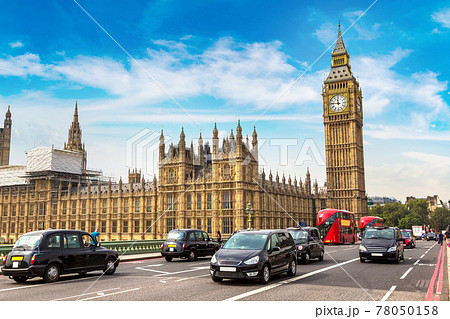 Big Ben, Westminster Bridge, red bus in London 78050158