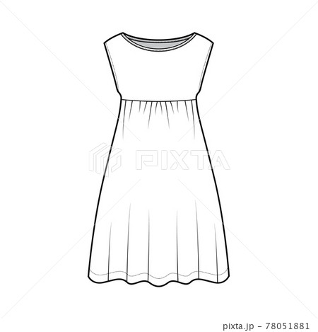 Dress babydoll technical fashion illustration with sleeveless, oversized body, knee length A-line skirt, boat neck. Flat 78051881