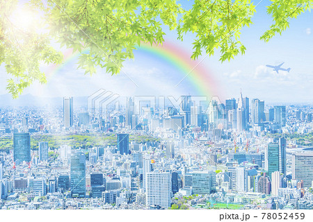 雨上がりの晴れた東京都市風景のイラスト素材