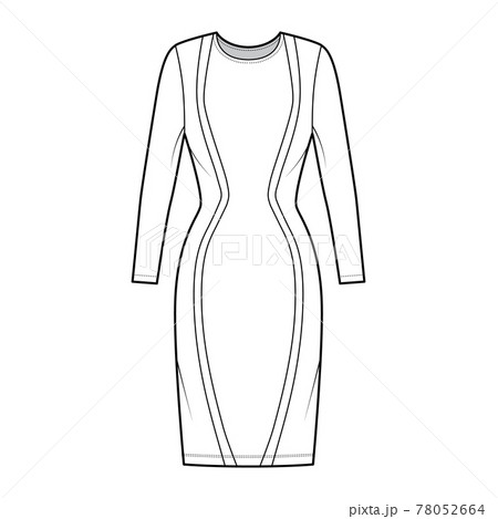 Dress panel technical fashion illustration with hourglass silhouette, long sleeves, fitted, knee length pencil skirt Dress panel technical fashion illustration with hourglass silhouette, long sleeves, fitted, knee length pencil skirt 78052664