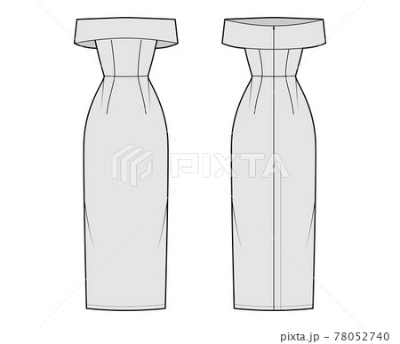 Dress off-the-shoulder Bardot technical fashion illustration with sleeveless, fitted body floor maxi length pencil skirt Dress off-the-shoulder Bardot technical fashion illustration with sleeveless, fitted body floor maxi length pencil skirt 78052740
