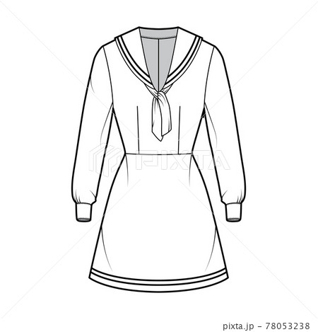 Dress sailor technical fashion illustration with long sleeve with cuff, fitted body, middy collar, stripes, mini length Dress sailor technical fashion illustration with long sleeve with cuff, fitted body, middy collar, stripes, mini length 78053238