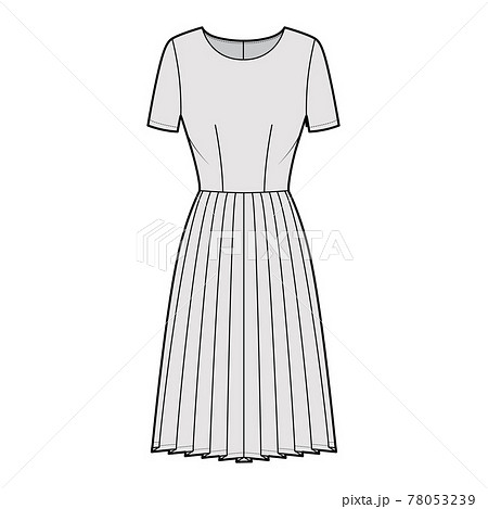 Dress pleated technical fashion illustration with short sleeves, fitted body, knee length skirt. Flat apparel front Dress pleated technical fashion illustration with short sleeves, fitted body, knee length skirt. Flat apparel front 78053239