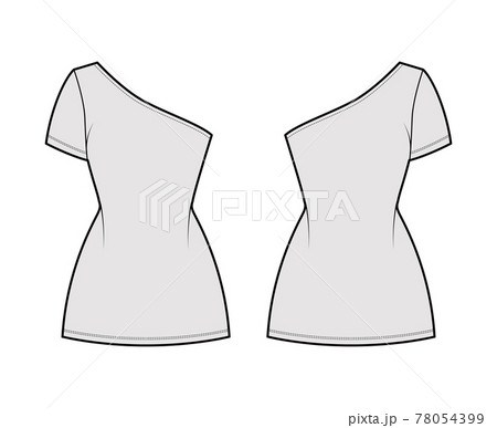 Dress one shoulder technical fashion illustration with short sleeve, fitted body, mini length pencil skirt. Flat apparel Dress one shoulder technical fashion illustration with short sleeve, fitted body, mini length pencil skirt. Flat apparel 78054399