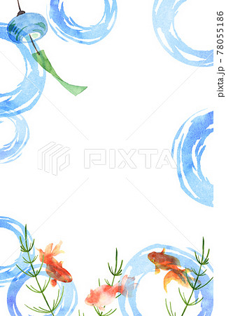 金魚と風鈴の水彩画 はがきサイズのイラスト素材