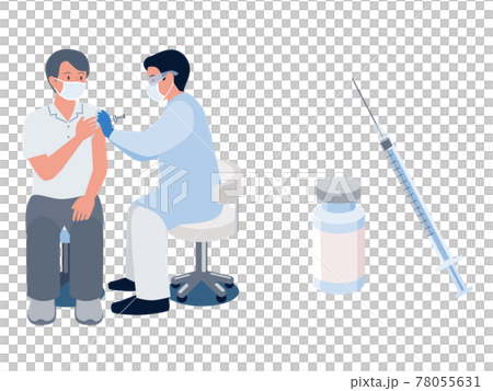 ワクチンの注射を打つ医者とワクチン接種を受ける男性のベクターイラストのイラスト素材