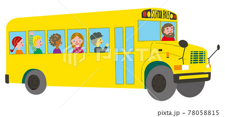 生徒を乗せたクラシックな黄色いスクールバスのイラスト素材