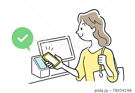ベクターイラスト素材：スマホを使ってキャッシュレス決済をする女性 78059298