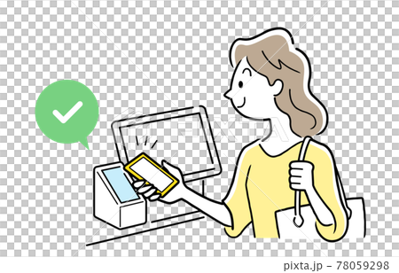 ベクターイラスト素材：スマホを使ってキャッシュレス決済をする女性 78059298