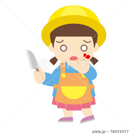 包丁で指を切ってしまった女の子 帽子あり のイラスト素材