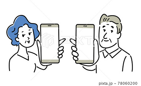 スマホ画面を見せるシニアカップルのイラスト素材のイラスト素材